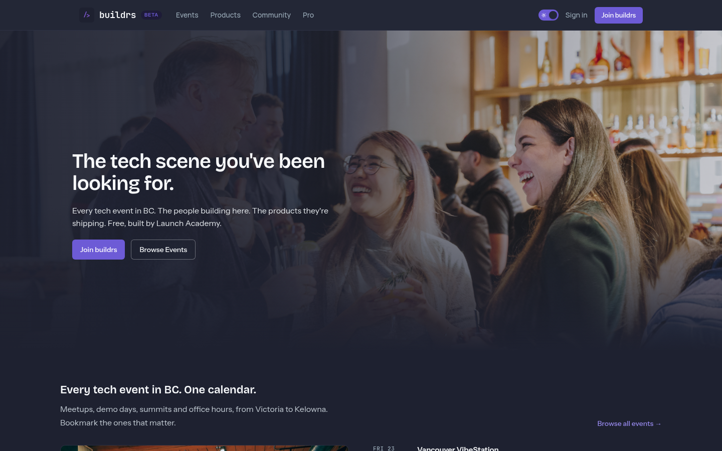 buildrs.dev homepage: every tech event in BC in one calendar