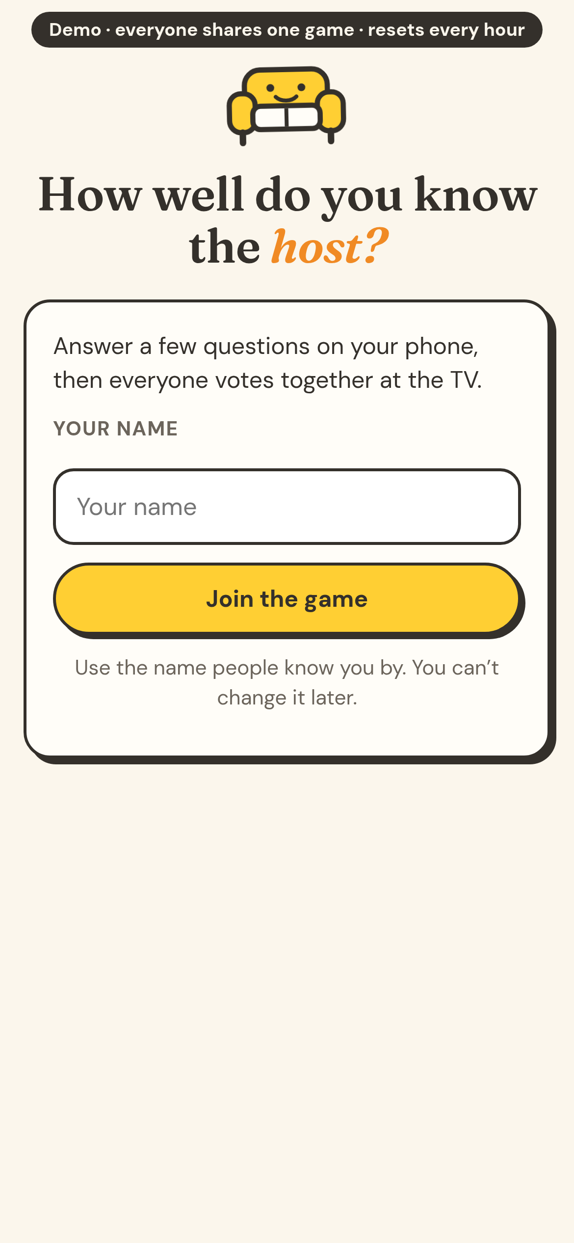 Couchside join screen on a phone: how well do you know the host?