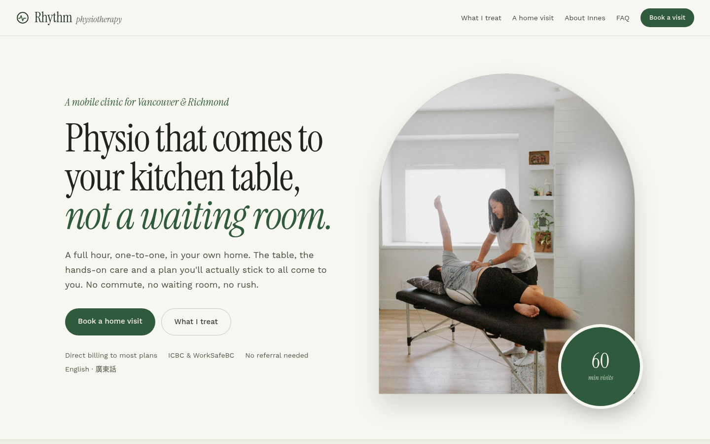 Rhythm Physiotherapy homepage: physio that comes to your kitchen table